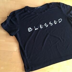 Friends Style BLESSED Crop Tee, Black, White, Size S